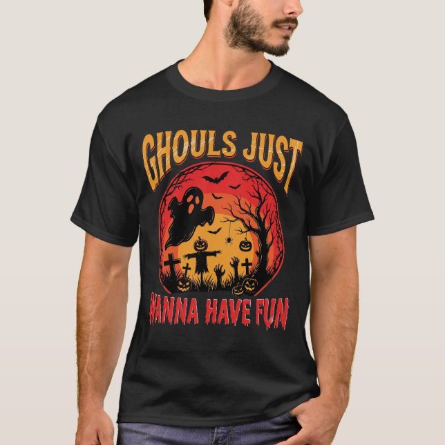 Camiseta Monstros de Halloween Só Querem se Divertir Design (Frente)