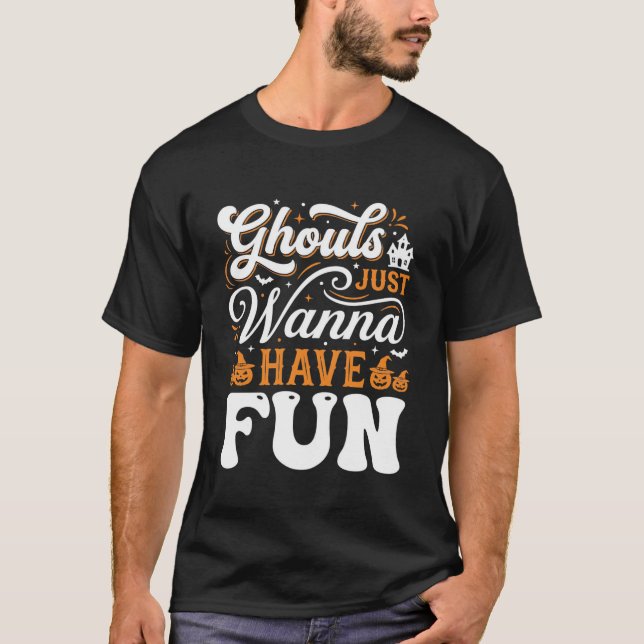 Camiseta Monstros de Halloween Só Querem se Divertir Design (Frente)