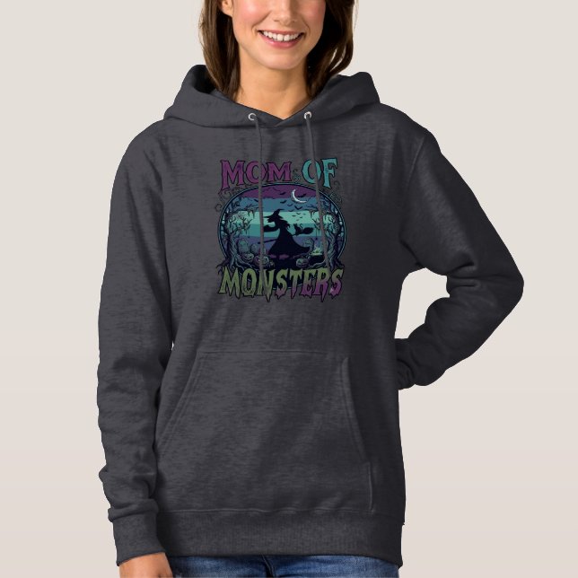 Camiseta Monstros Mãe Halloween Bruxa Lua Abóboras Cemitéri (Frente)