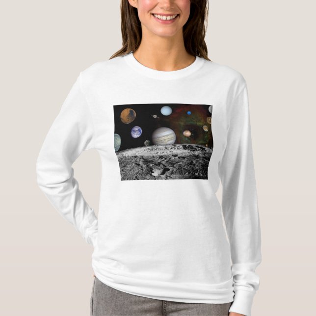 Camiseta Montagem dos planetas e luas de Júpiter (Frente)