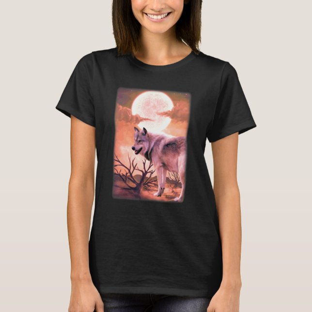Camiseta Montanha da Selva Noturno Uivando Para a Lua Lobos (Frente)