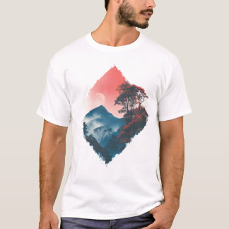 Camiseta Montanha Mística Lua Carmesim Arte Zen