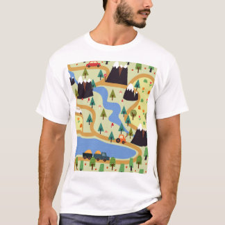Camiseta Montanhas, rios, floresta, padrão de carros.