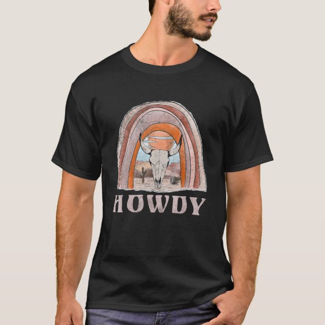 Camiseta Montanhas Touro Retro Montanhas Vintage Howdy Cute (Frente)