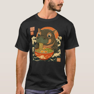 Camiseta Moo Deng hipopótamo come ramen ao estilo japonês