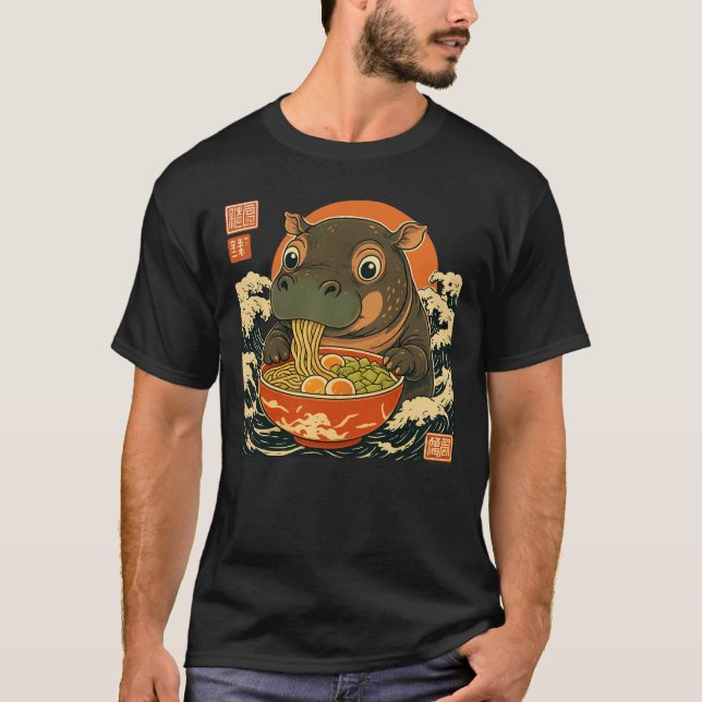 Camiseta Moo Deng hippo come ramen no estilo japonês (Frente)