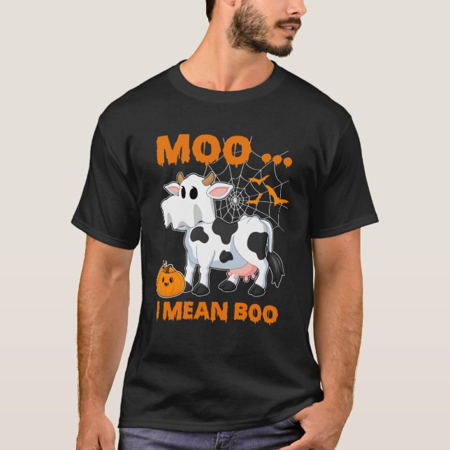 Camiseta Moo quer dizer Boo  Fantasma Vaca Abóbora Fantasia (Frente)