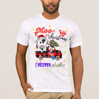 Camiseta Moo-ry Christmas Cow in Plaid Truck Holiday design