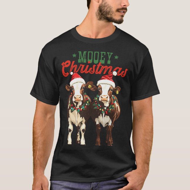 Camiseta Mooey Christmas Cow With Santa Hats Xmas Lights Me (Frente)