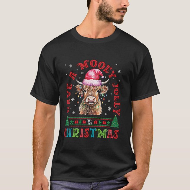 Camiseta Mooey Jolly Christmas Scottish Highland Cow Family (Frente)