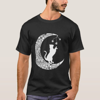 Camiseta Moon Cat Brincando Gato Engraçado Mandala Crescent