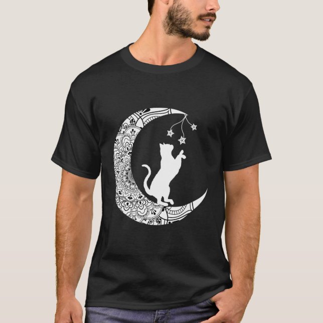 Camiseta Moon Cat Brincando Gato Engraçado Mandala Crescent (Frente)