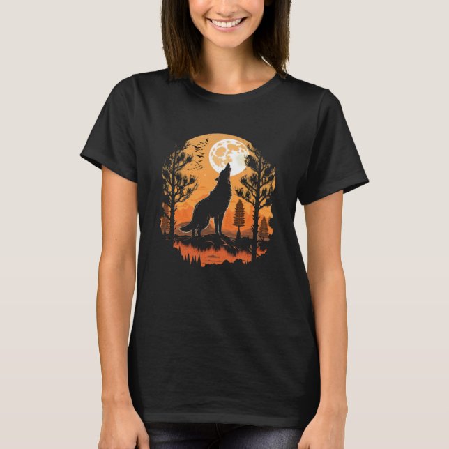 Camiseta Moon Coyote Howling Full Moon Forest Halloween (Frente)