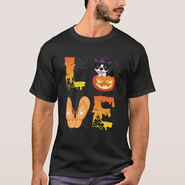 Camiseta Moon Flip Flop Spider Pumpkin Boston Terrier LOVE  (Frente)