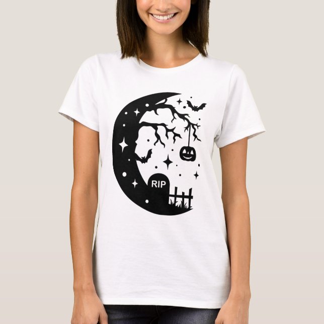 Camiseta Moon RIP Crescente Bat Pumpkin Halloween (Frente)