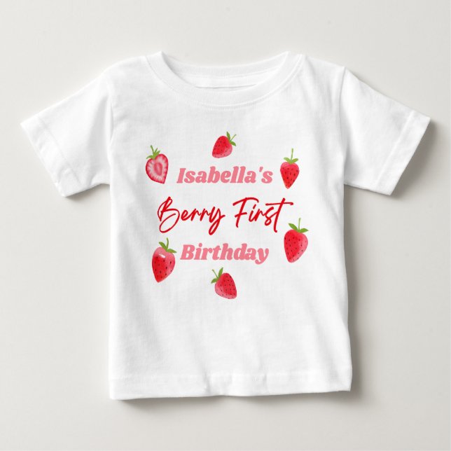 Camiseta Morango Berry Primeiro Aniversário Vermelho e Rosa (Frente)