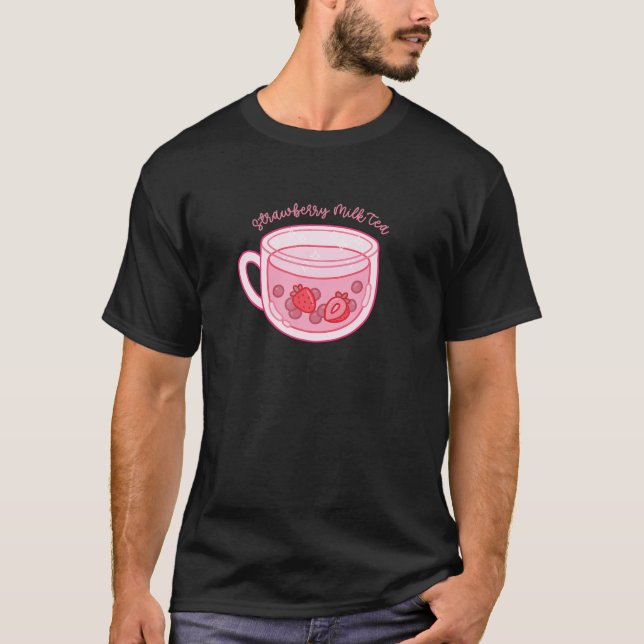 Camiseta Morango Boba Milk Tea Cup - Kawaii Pink Aesthet (Frente)