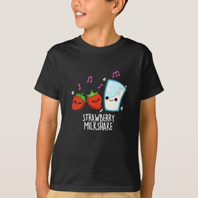 Camiseta Morango Leite Agitar Comida Engraçada Arma Escuro  (Frente)
