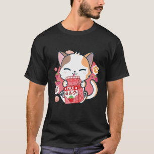 Camiseta Morango Leite Gato Kawaii Anime Japonês Neko Gir