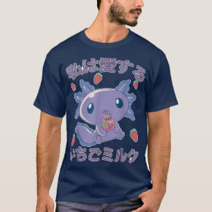 Camiseta Morango Leite Japão Animação Kawaii Axolotl Strawb
