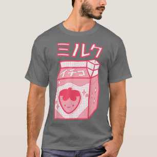 Camiseta Morango Leite Kawaii Katakana Animação Japonesa