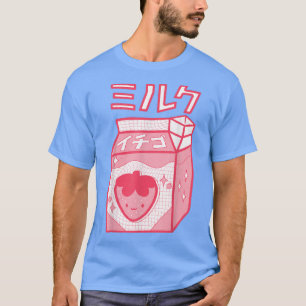 Camiseta Morango Leite Kawaii Katakana Animação Japonesa