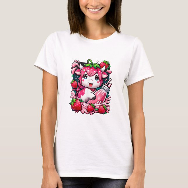 Camiseta Morango Vaca Kawaii Anime Morango Leite (Frente)