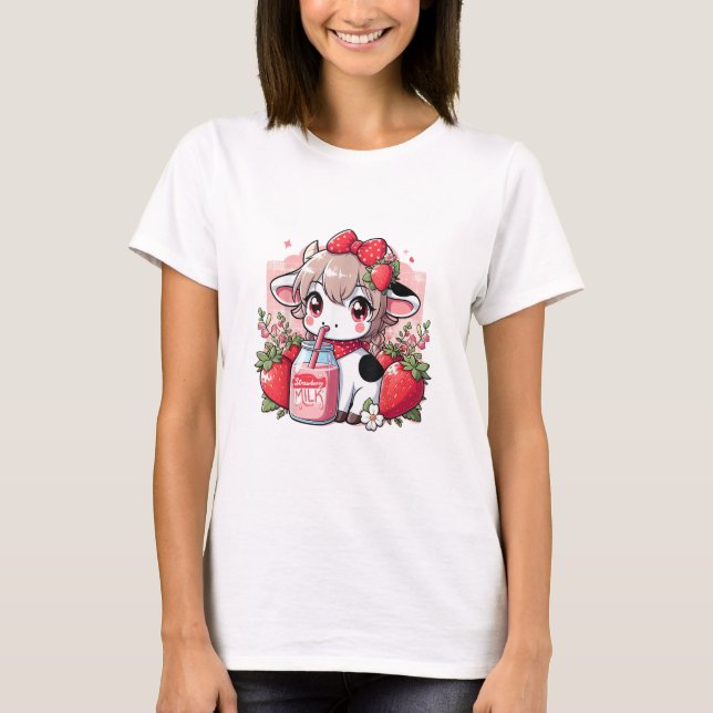 Camiseta Morango Vaca Kawaii Anime Morango Leite _6 (Frente)