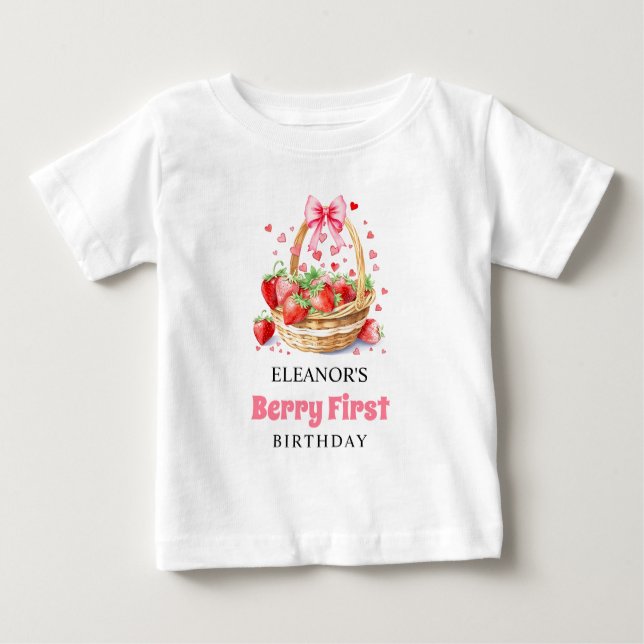 Camiseta Morangos e arcos rosados Berry Primeiro Aniversári (Frente)
