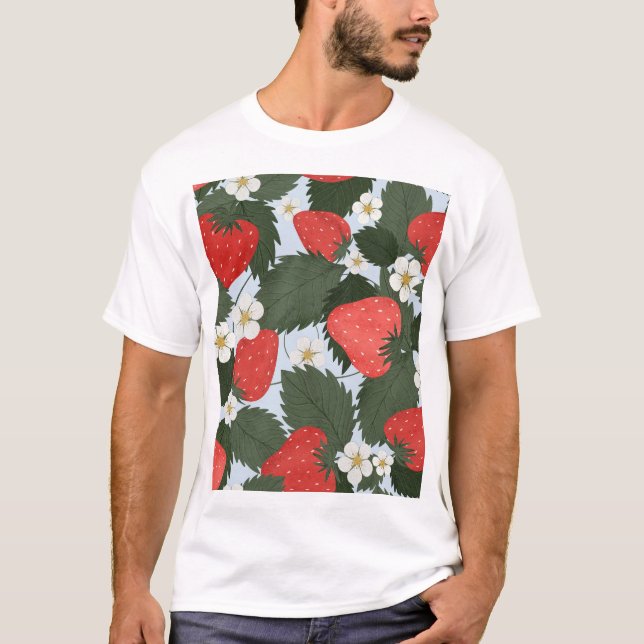 Camiseta Morangos: padrão de fruta de verão design. (Frente)