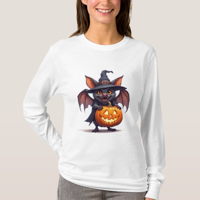 Camiseta Morcego de Bruxa Assombrado Com Lanterna de Abóbor (Frente)