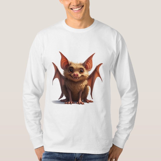 Camiseta Morcego de desenho animado fofo com asas laranja e (Frente)