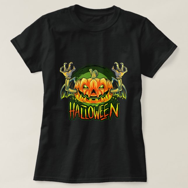Camiseta morcego vampiro com cabeça de abóbora de halloween (Frente do Design)
