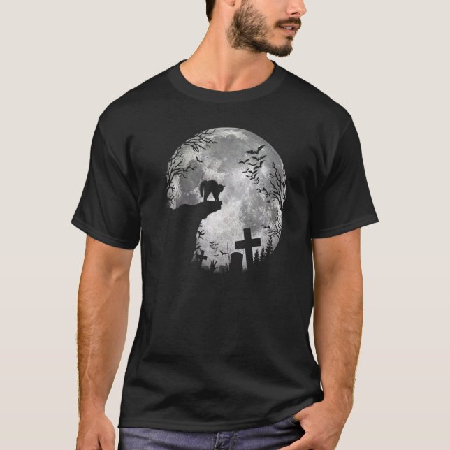 Camiseta Morcegos de Halloween e gatos pretos Lua das Bruxa (Frente)