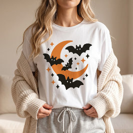 Camiseta Morcegos Fofos e Lua Crescente no Halloween