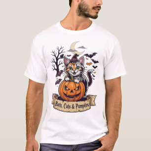 Camiseta Morcegos Gatos Abóboras Dia das Bruxas Bruxa Gato