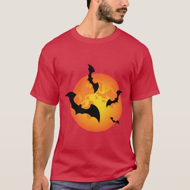 Camiseta Morcegos Lua Cheia de Halloween Laranja Assustador (Frente)