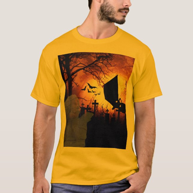 Camiseta Morcegos, Lua e design de Halloween da Múmia (Frente)