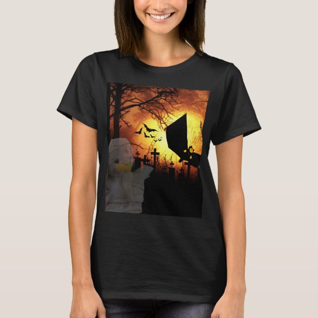 Camiseta Morcegos, Lua e design de Halloween da Múmia (Frente)
