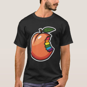 Camiseta Mordida em Pêssego Colorido com Borda Arco-íris