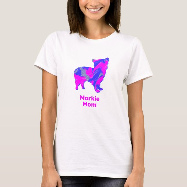 Camiseta Morkie Dog Silhouette Hot Pink e Blue (Frente)