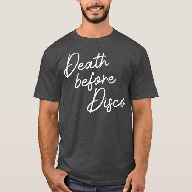 Camiseta Morte antes do Disco Engraçado 70s Script Casual (Frente)