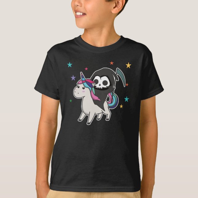 Camiseta Morte Dirigindo Unicorn Funny Unicorn Arco-Íris (Frente)