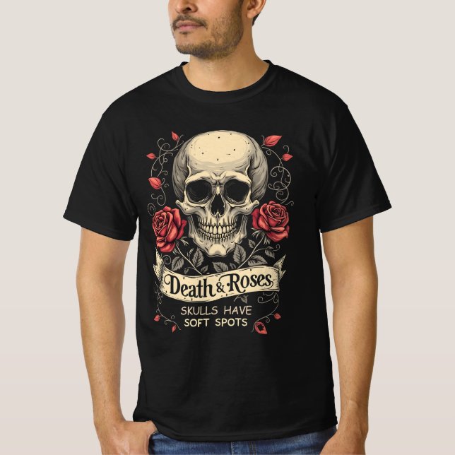 Camiseta Morte e Rosas: crânios têm manchas moles (Frente)