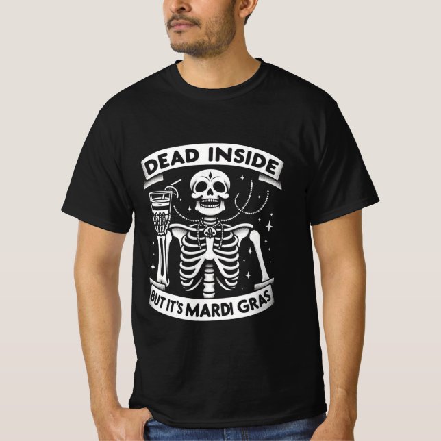 Camiseta Morto Dentro, mas é Mardi Gras - Esqueleto engraça (Frente)
