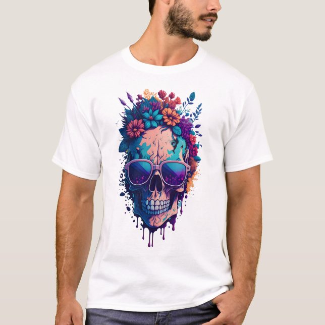Camiseta Morto Flor do crânio Colorido V2 (Frente)