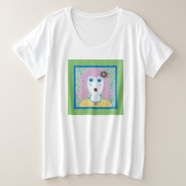 Camiseta Mosaico - Ingrid com Borda Verde e Azul (Frente do Design)