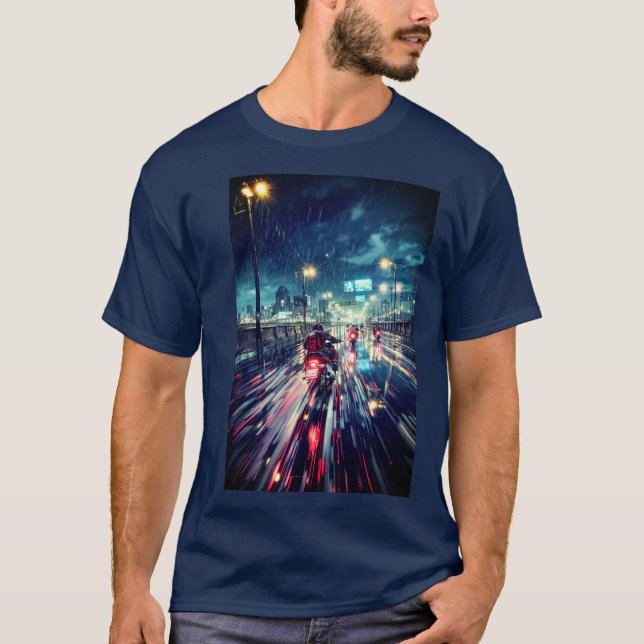 Camiseta Moto Cyberpunk Rainy City (Frente)