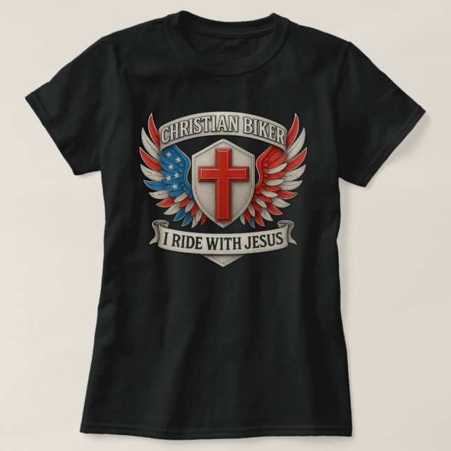 Camiseta Motociclista Cristão - Eu Ando Com Jesus (Frente do Design)
