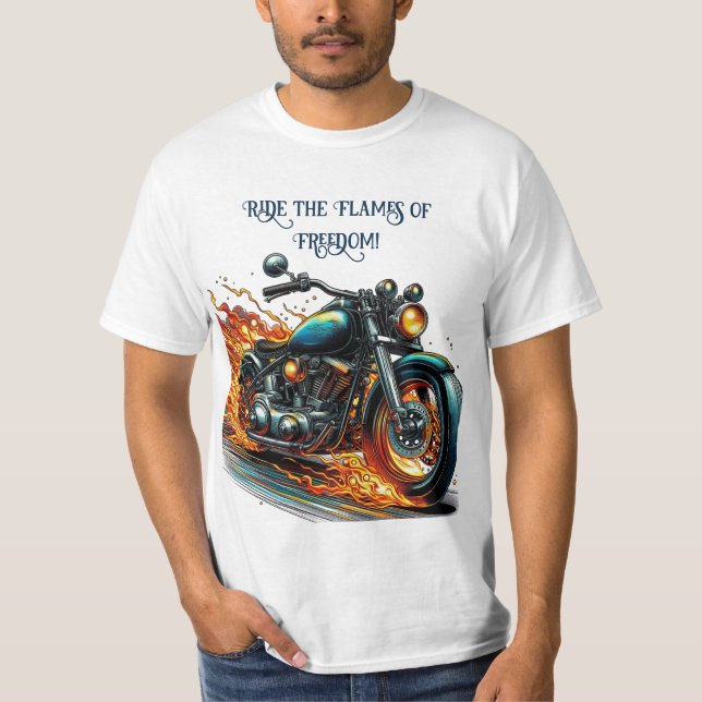 Camiseta Motociclo Clássico em Movimento com Chamas (Frente)